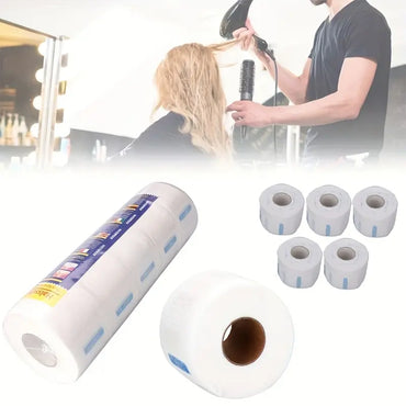 BeautéSync® Barber Neck Paper disposable neck ruffles front view, 5 rolls per pack, 100 sheets per roll, 434g pack weight, 6.5cm width, 10.5cm diameter