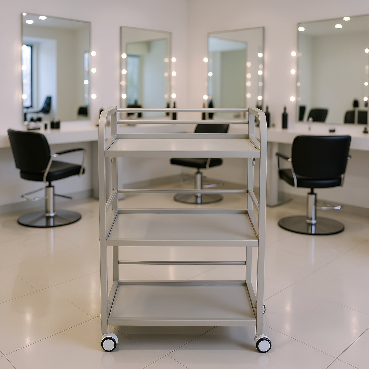 BeautéSync 3-Level Rolling Salon Cart Trolley – Mobile Makeup & Beauty Spa Organizer Cart for Professional Salon Use