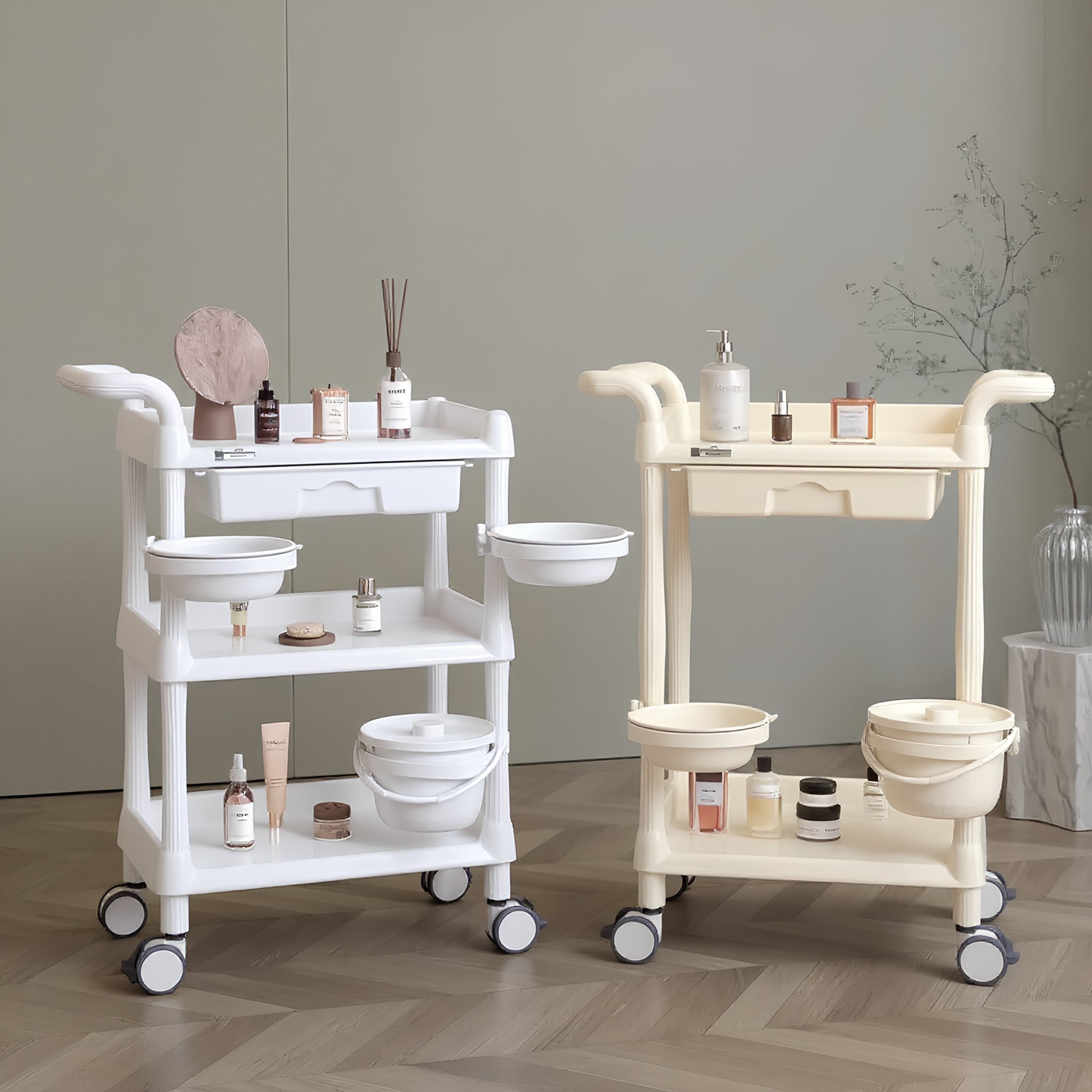 BeautéSync® 3-Layer Plastic Beauty Trolley Cart – Strong-Capacity Rolling Cart for Salon, Spa & Medical Use