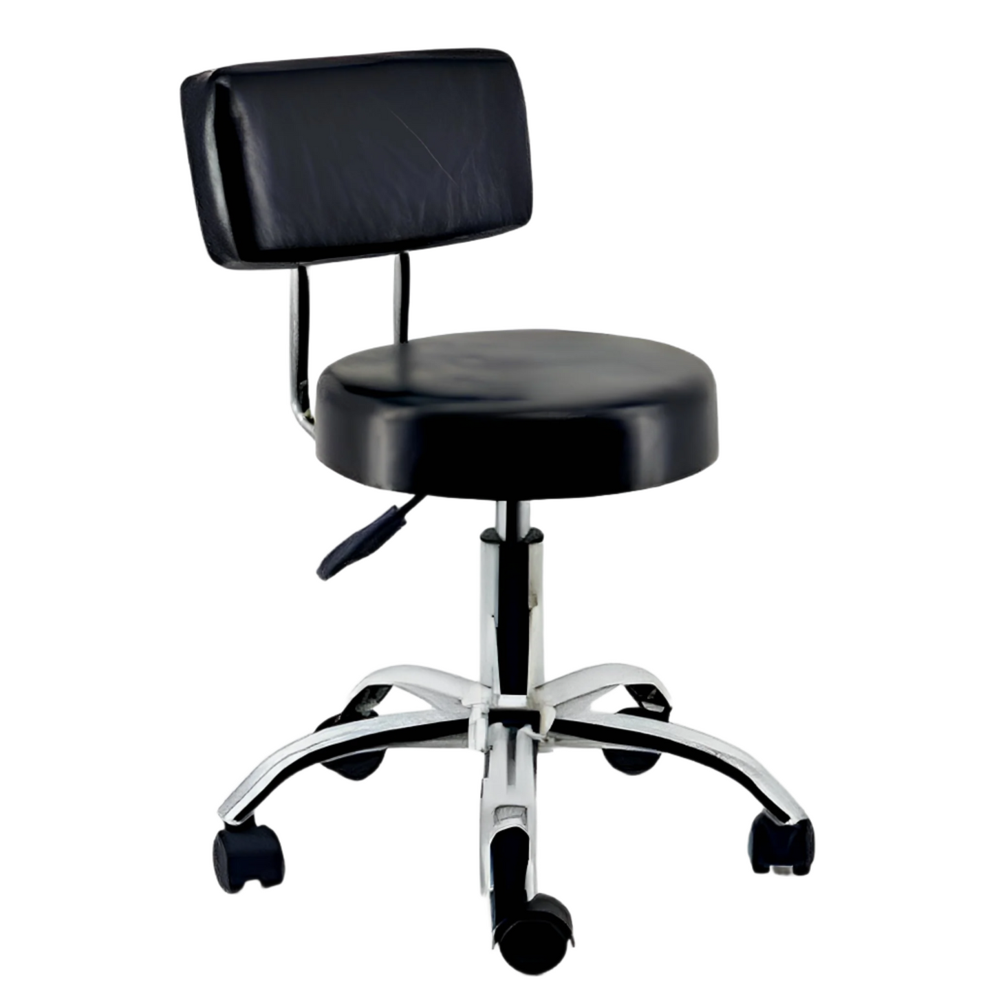 BeautéSync Adjustable Rolling Salon Stool with Backrest – PU Leather Swivel Drafting Chair with Wheels, Black