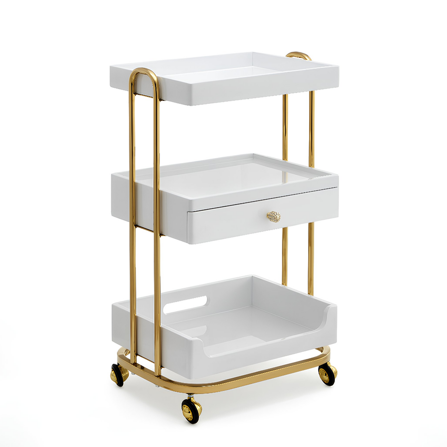 BeautéSync® Gold Metal Rolling Salon Trolley – Luxury Beauty, Nail & Hairdressing Cart with Towel Shelf and Lockable Wheels