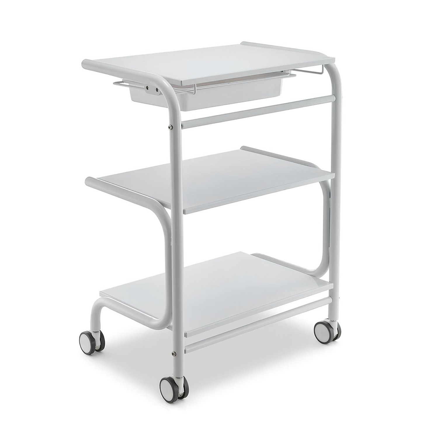 BeautéSync® 3-Tier Frameless Metal Salon Cart Beauty Trolley – White Spa & Manicure Organizer Cart with MDF Shelves & Side Guards