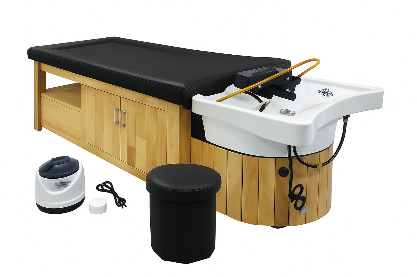 BeautéSync Professional Head Spa Shampoo Bed – Wooden Japanese Thai-Style Massage & Hair Washing Station with Steam & Foot Basin