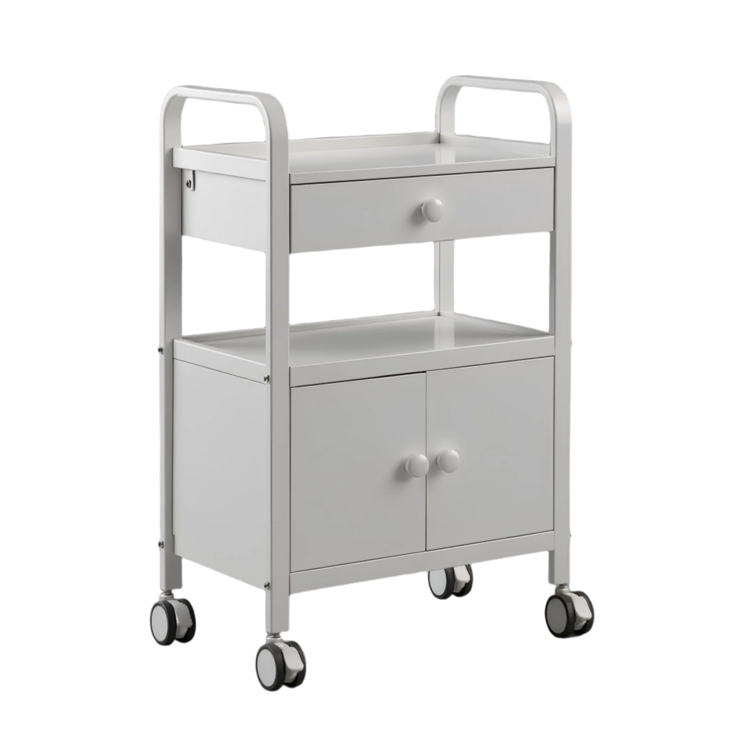 Esthetician trolley with open shelf and lockable drawers