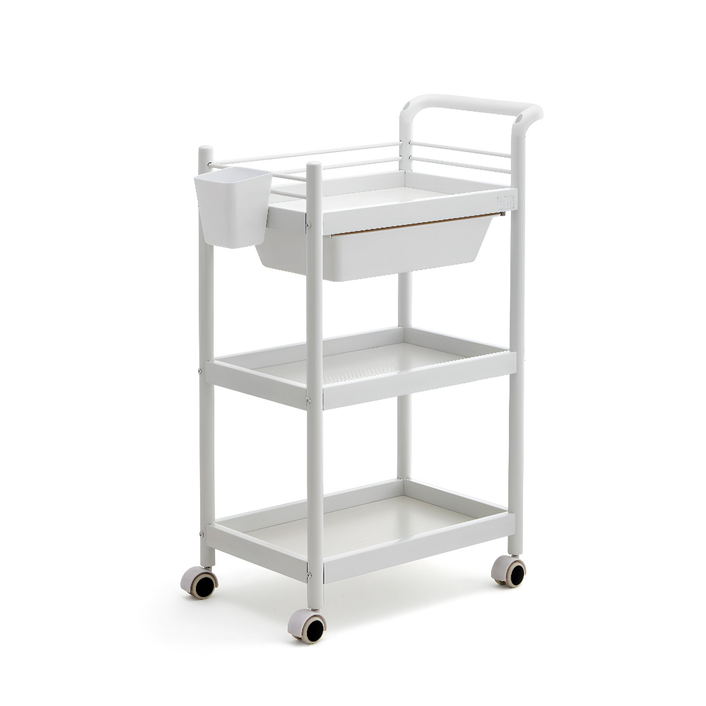 BeautéSync 3-Tier Utility Salon Cart – White Rolling Spa Trolley with Lockable Wheels & Guard Rails
