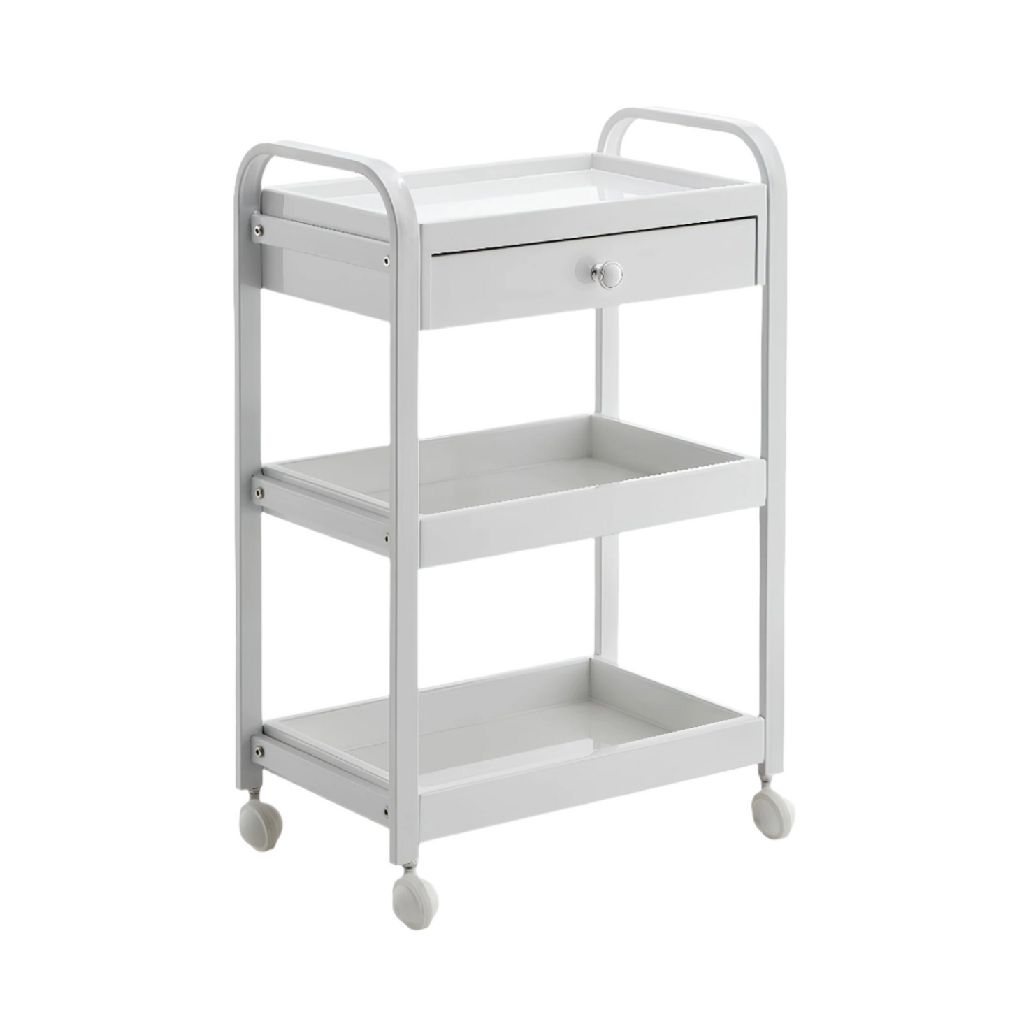 BeautéSync® White Metal & Wood Salon Tool Cart – Multi-Functional barber Spa Trolley with Shelves & Lockable Wheels