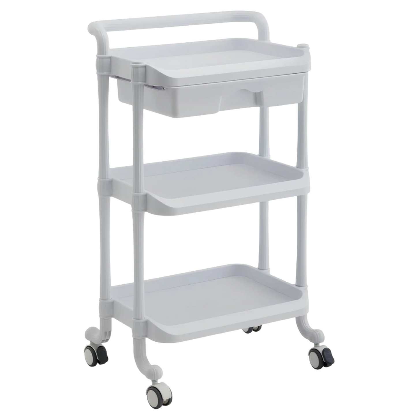 BeautéSync® 3-Tier White Plastic Salon Trolley with Storage – Rolling Beauty Spa Cart with Drawers & Lockable Wheels