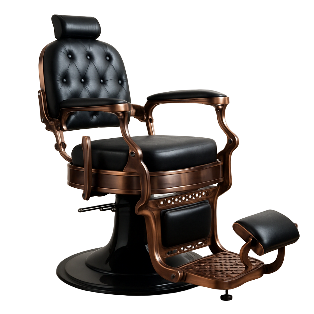 Hydraulic barber chair featuring reclining backrest and adjustable headrest. Center view.