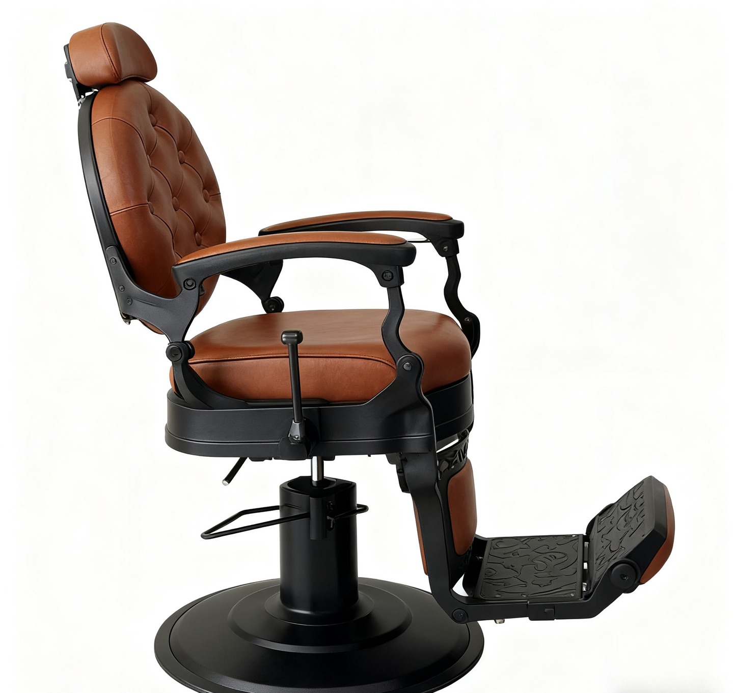 BeautéSync® Deluxe Hydraulic Barber Chair – Black Chrome Frame with Brown PVC Leather, Vintage Button-Tufted Backrest