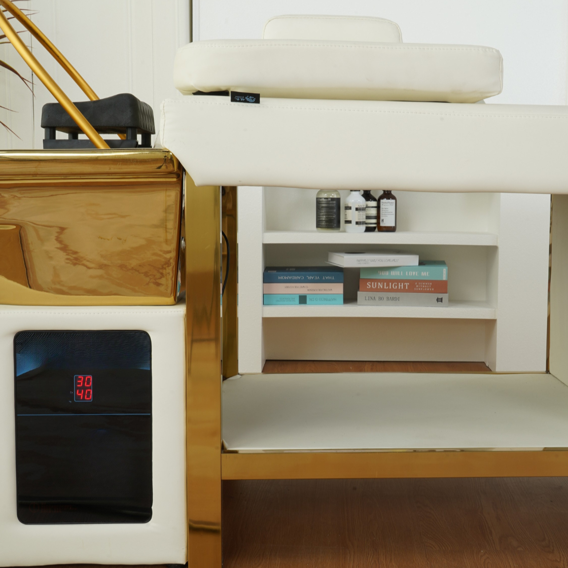 BeautéSync® Head Spa Shampoo Bed storage compartment detail view – close-up of built-in drawer for tools and salon accessories