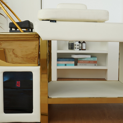 BeautéSync® Head Spa Shampoo Bed storage compartment detail view – close-up of built-in drawer for tools and salon accessories