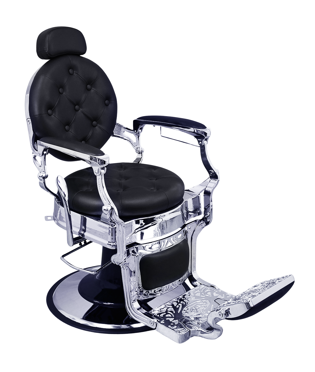 BeautéSync Deluxe Hydraulic Barber Chair – Silver Chrome Frame & Black PVC Leather, Vintage Button Backrest