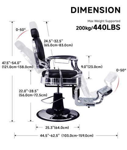 BeautéSync Deluxe Hydraulic Barber Chair – Silver Chrome Frame & Black PVC Leather, Vintage Button Backrest