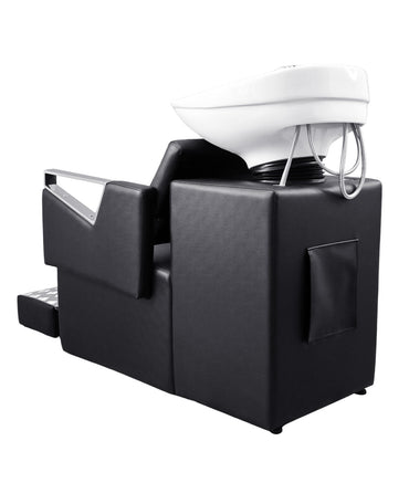 BeautéSync Shampoo Chair with Black PVC leather, White Ceramic Basin & High-Density Sponge