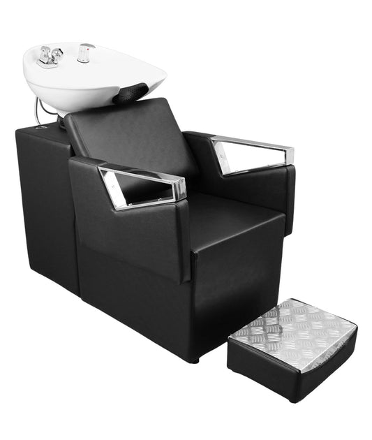 BeautéSync Shampoo Chair with Black PVC leather, White Ceramic Basin & High-Density Sponge