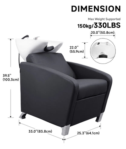 BeautéSync® Shampoo Chair with Black PVC leather, Ceramic Basin & High-Density Sponge