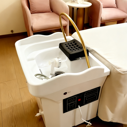 BeautéSync® Mobile Head Spa Capsule lifestyle setting – portable head spa station with steam hood and water circulation system displayed in salon environment