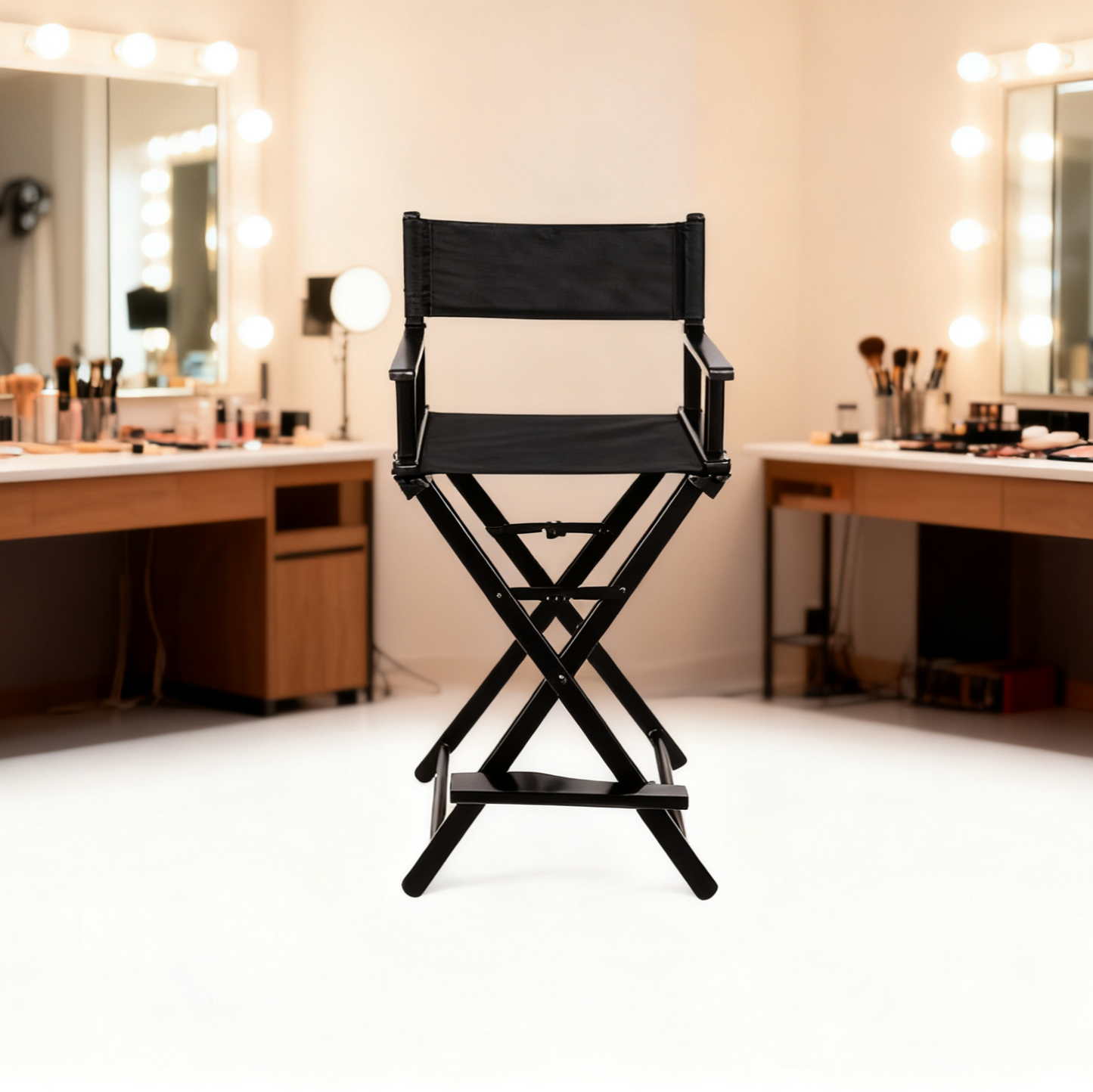BeautéSync® Professional Makeup Artist Director Chair in professional beauty studio setup, used by makeup artist with client, showing foldable portable design