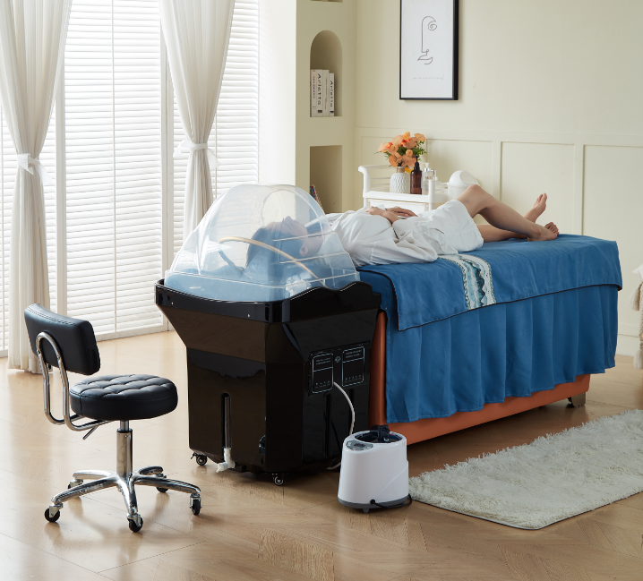 BeautéSync® Mobile Head Spa Basin Unit lifestyle setting – professional portable shampoo and head spa basin station used in salon environment
