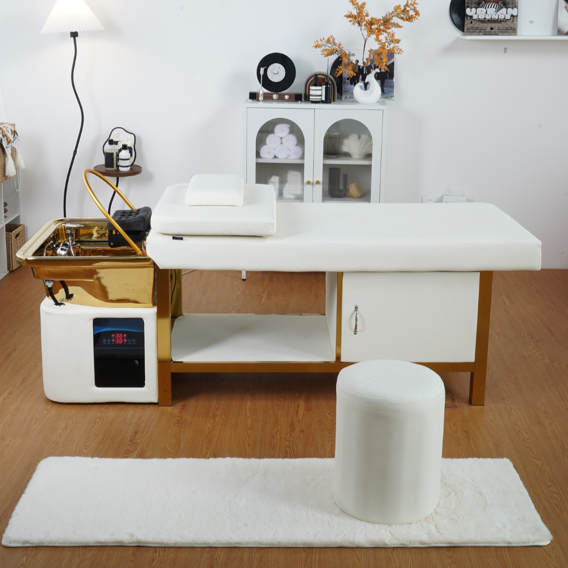 BeautéSync® Gold Ceramic Basin Head Spa Shampoo Bed front view – luxury salon shampoo and head spa bed with gold ceramic wash basin