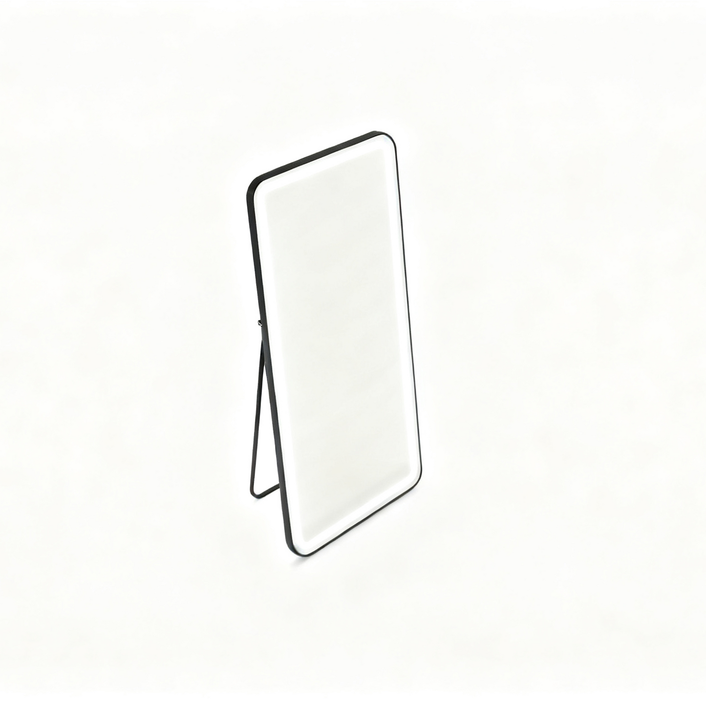 BeautéSync® Freestanding Rectangle Front-Lit LED Salon Mirror top-down view, showing stable freestanding base and slim frame design