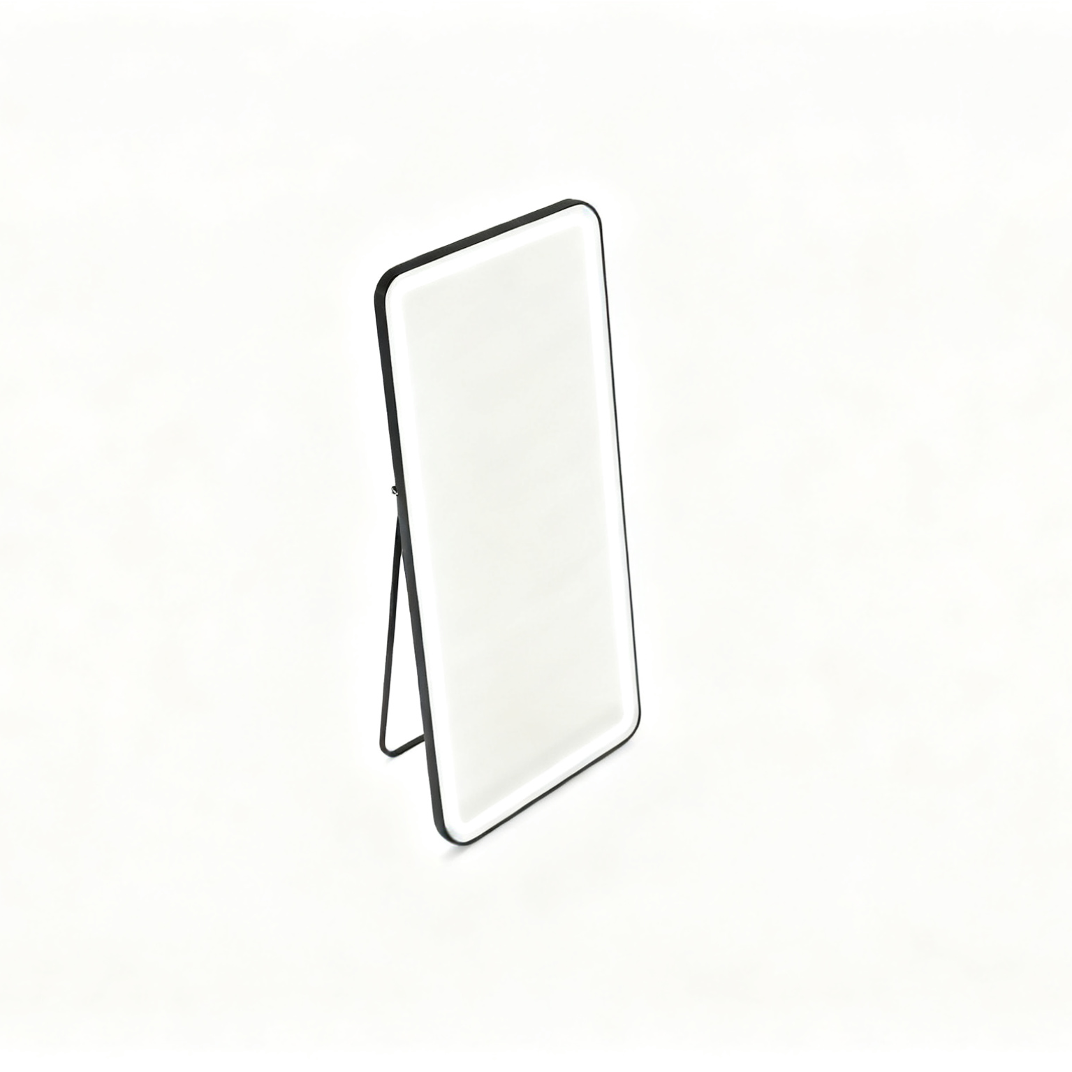 BeautéSync® Freestanding Rectangle Front-Lit LED Salon Mirror top-down view, showing stable freestanding base and slim frame design