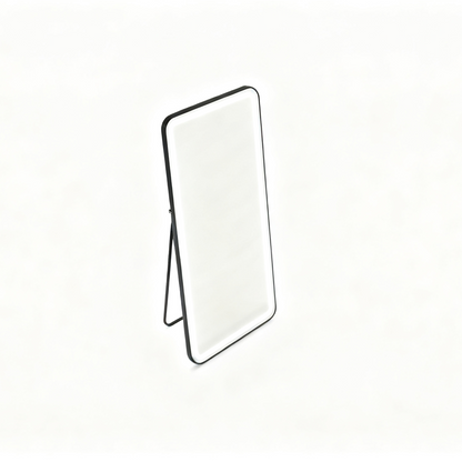 BeautéSync® Freestanding Rectangle Front-Lit LED Salon Mirror top-down view, showing stable freestanding base and slim frame design