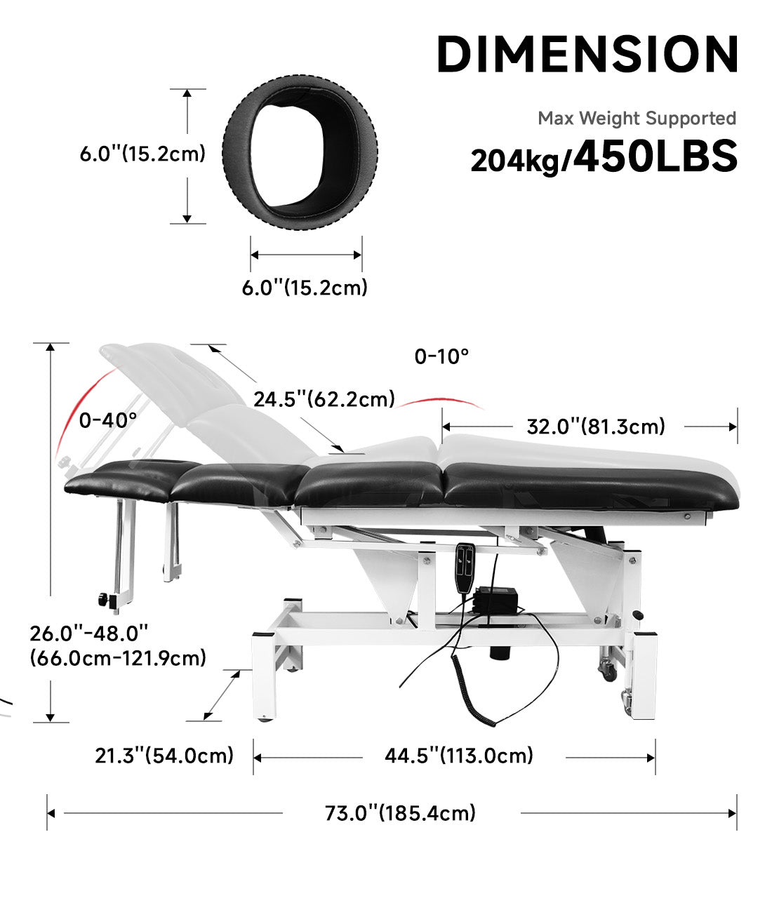 BeautéSync 5-section electric treatment bed with reinforced steel frame