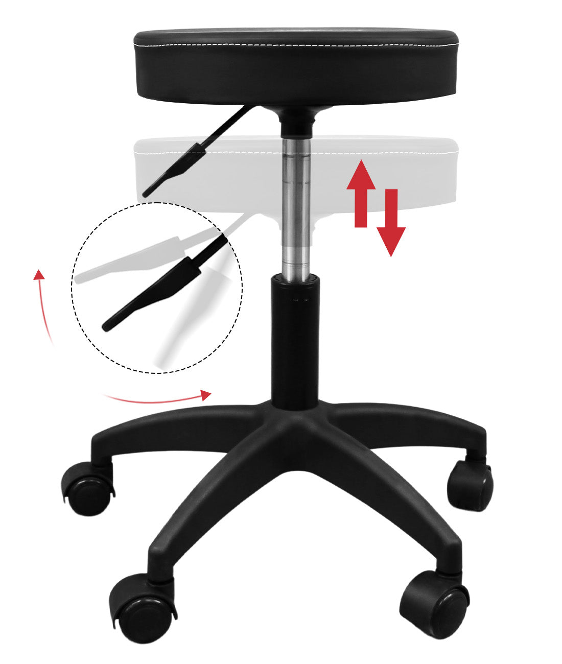 BeautéSync Hydraulic Rolling Stool, Adjustable Height, 360° Swivel for Spa, Salon, Tattoo, Medical Use (Black  Leather + Black Injection-Molded Base)