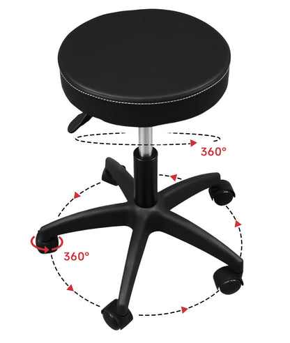 BeautéSync Hydraulic Rolling Stool, Adjustable Height, 360° Swivel for Spa, Salon, Tattoo, Medical Use (Black  Leather + Black Injection-Molded Base)