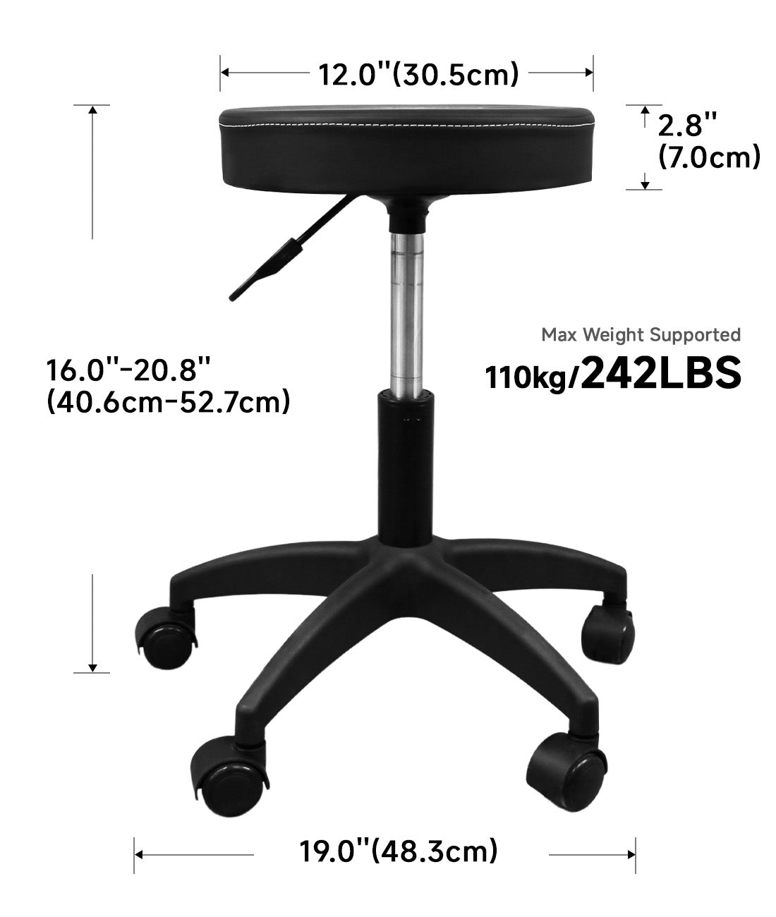 BeautéSync Hydraulic Rolling Stool, Adjustable Height, 360° Swivel for Spa, Salon, Tattoo, Medical Use (Black  Leather + Black Injection-Molded Base)