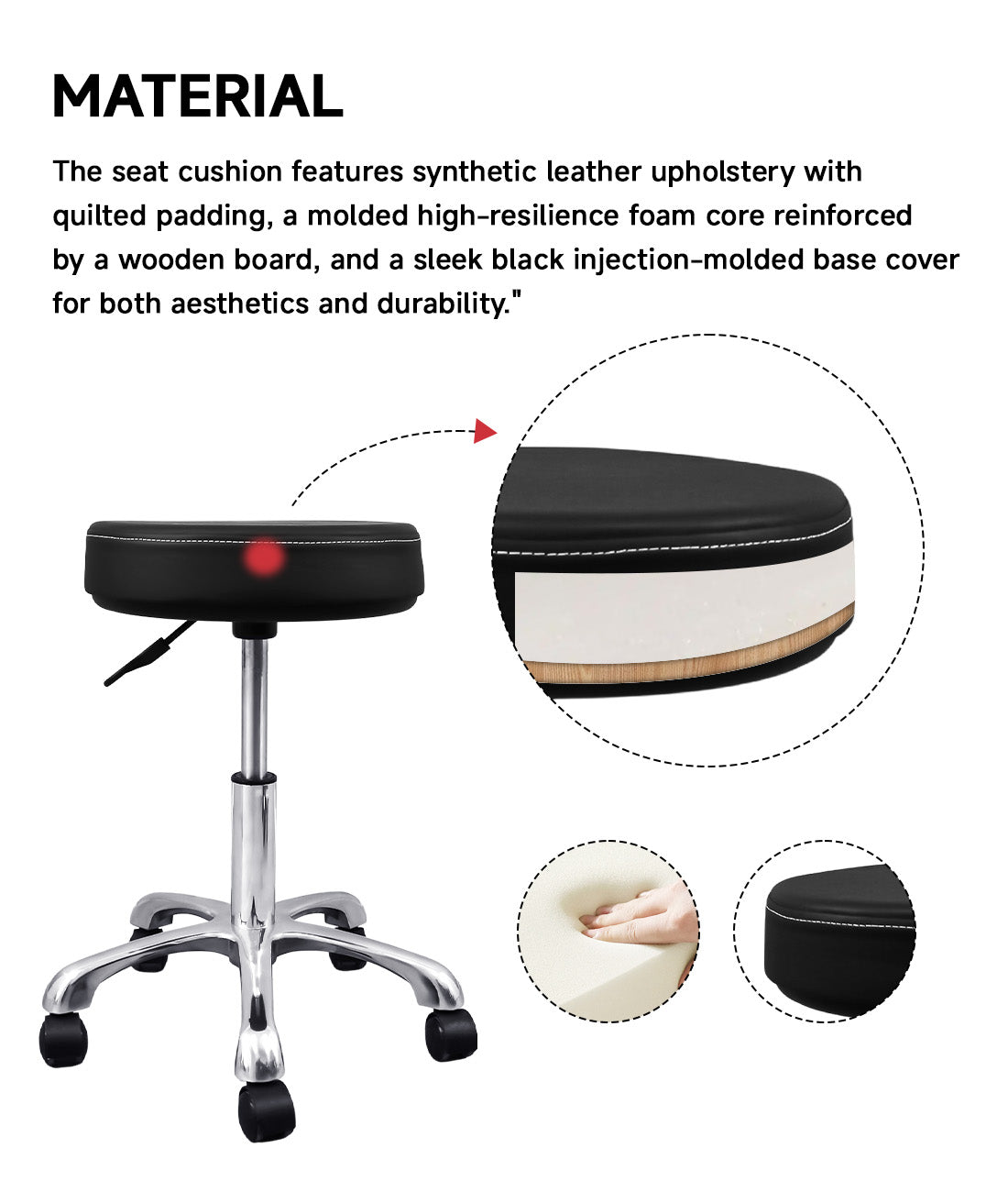 BeautéSync Hydraulic Rolling Stool, Adjustable Height, 360° Swivel for Spa, Salon, Tattoo, Medical Use (Black  Leather + Black Injection-Molded Base)