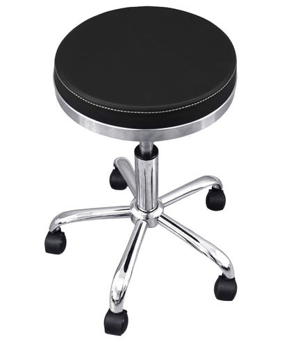 BeautéSync®  Hydraulic Rolling Stool, Adjustable Height, 360° Swivel for Spa, Facial, Massage, Tattoo (Black Leather + Silver Steel Base)