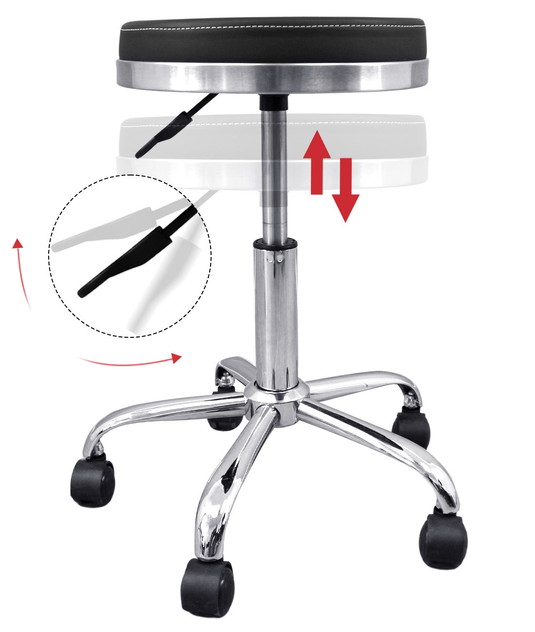 BeautéSync®  Hydraulic Rolling Stool, Adjustable Height, 360° Swivel for Spa, Facial, Massage, Tattoo (Black Leather + Silver Steel Base)