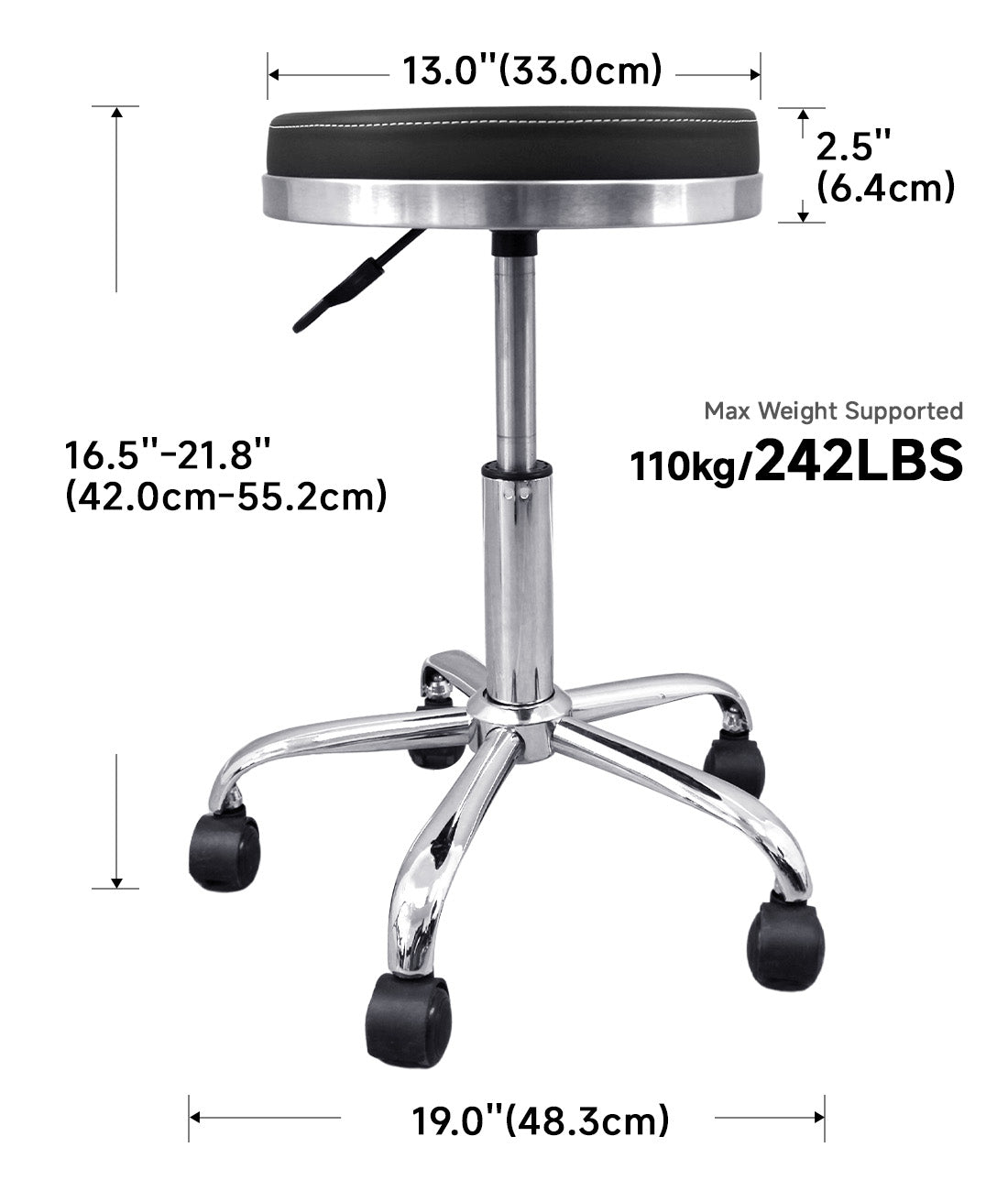 BeautéSync®  Hydraulic Rolling Stool, Adjustable Height, 360° Swivel for Spa, Facial, Massage, Tattoo (Black Leather + Silver Steel Base)