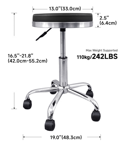 BeautéSync®  Hydraulic Rolling Stool, Adjustable Height, 360° Swivel for Spa, Facial, Massage, Tattoo (Black Leather + Silver Steel Base)