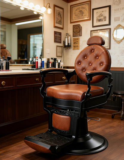 BeautéSync® Deluxe Hydraulic Barber Chair – Black Chrome Frame with Brown PVC Leather, Vintage Button-Tufted Backrest