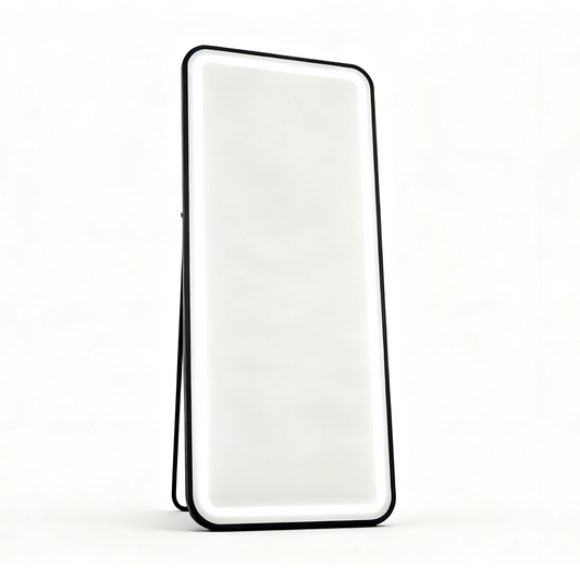 BeautéSync® Freestanding Rectangle Front-Lit LED Salon Mirror front view, full-length salon mirror with LED lighting