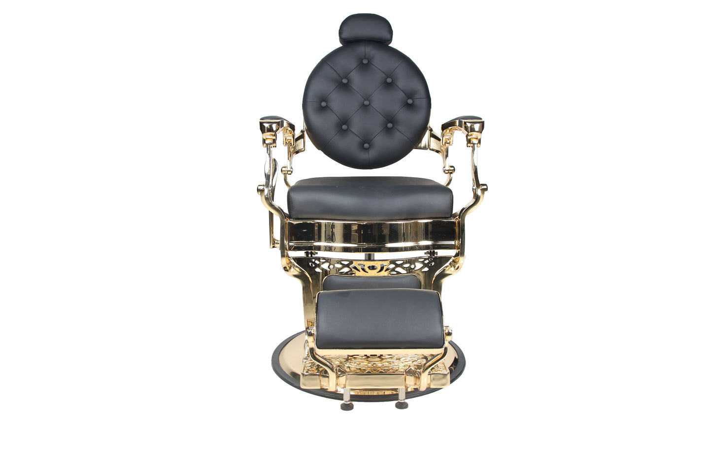 BeautéSync® Deluxe Hydraulic Barber Chair – Black PVC Leather, Gold Frame & XL Pump