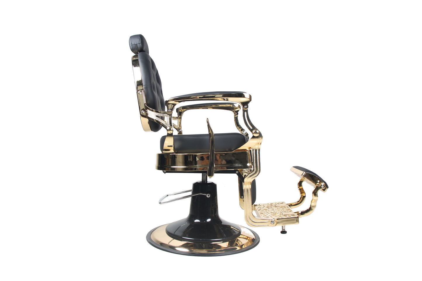 BeautéSync® Deluxe Hydraulic Barber Chair – Black PVC Leather, Gold Frame & XL Pump