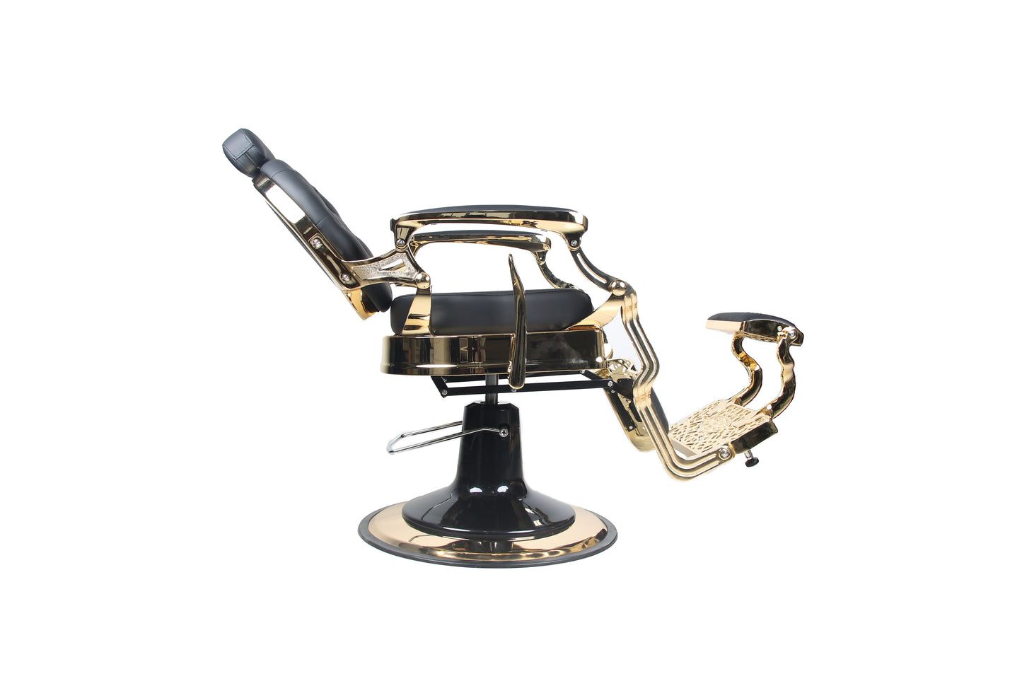 BeautéSync® Deluxe Hydraulic Barber Chair – Black PVC Leather, Gold Frame & XL Pump