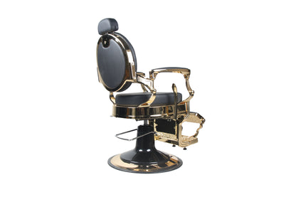 BeautéSync® Deluxe Hydraulic Barber Chair – Black PVC Leather, Gold Frame & XL Pump