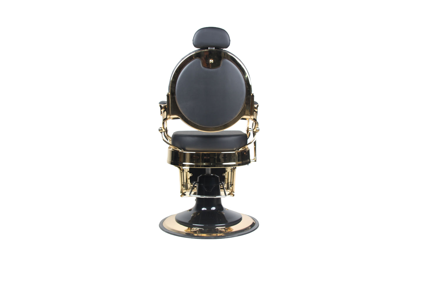 BeautéSync® Deluxe Hydraulic Barber Chair – Black PVC Leather, Gold Frame & XL Pump