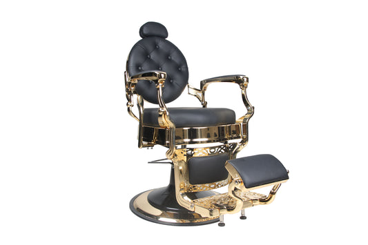 BeautéSync® Deluxe Hydraulic Barber Chair – Black PVC Leather, Gold Frame & XL Pump