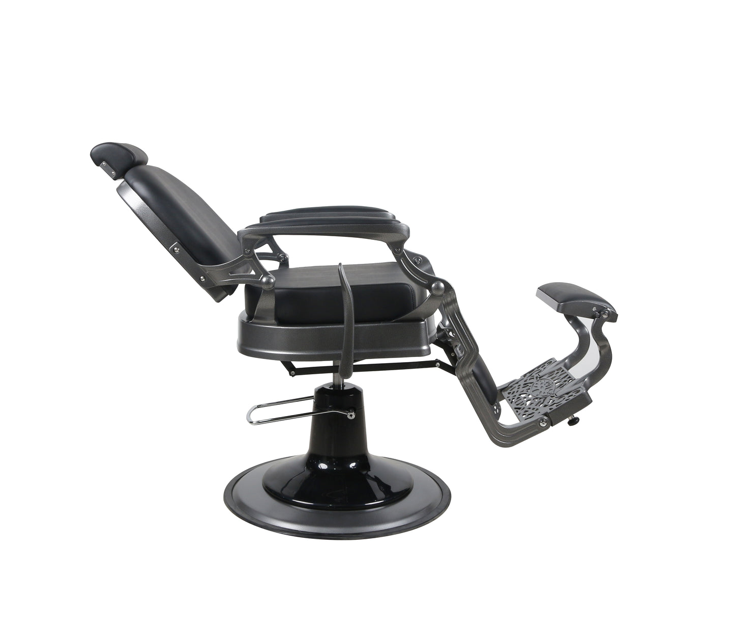 BeautéSync® Deluxe Hydraulic Barber Chair – XL Pump, 360° Swivel, Reclining Back (Gray Frame, Black PVC)