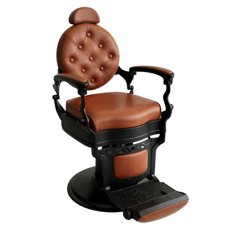 BeautéSync® Deluxe Hydraulic Barber Chair – Black Chrome Frame with Brown PVC Leather, Vintage Button-Tufted Backrest
