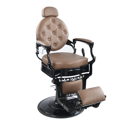 Barber chair with high-density foam, hydraulic pump, and steel frame. Front view.