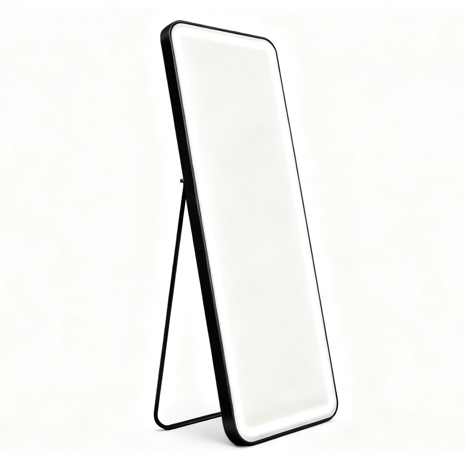 BeautéSync® Freestanding Rectangle Front-Lit LED Salon Mirror side view, slim vertical frame with freestanding base and LED lighting
