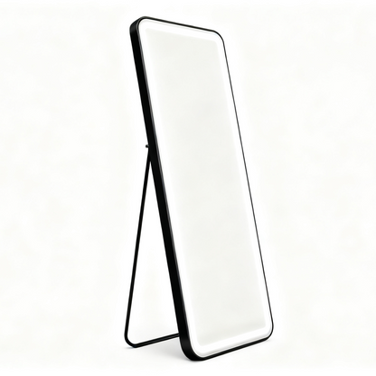 BeautéSync® Freestanding Rectangle Front-Lit LED Salon Mirror side view, slim vertical frame with freestanding base and LED lighting
