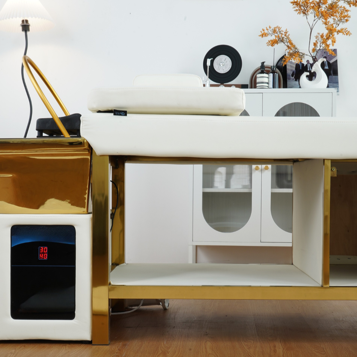 BeautéSync® Head Spa Shampoo Bed storage compartment detail view – close-up of built-in drawer for tools and salon accessories